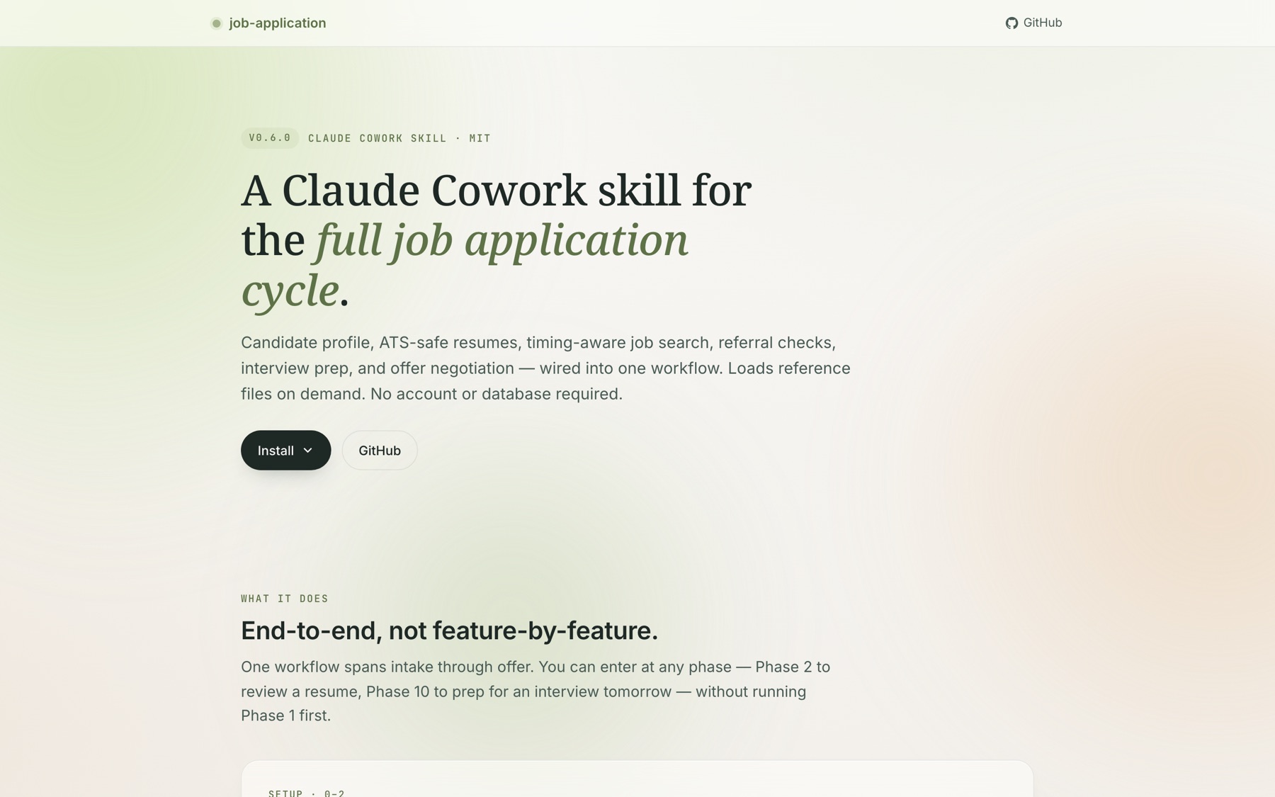 job-application landing page hero — A Claude Cowork skill for the full job application cycle